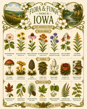 Art-Nouveau-Flora-&-Funga-Found-in-Iowa-Botanical-Infographic-Matted-Print