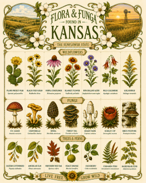 Art-Nouveau-Flora-&-Funga-Found-in-Kansas-Botanical-Infographic-Matted-Print