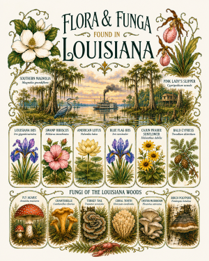 Art-Nouveau-Flora-&-Funga-Found-in-Louisiana-Botanical-Infographic-Matted-Print