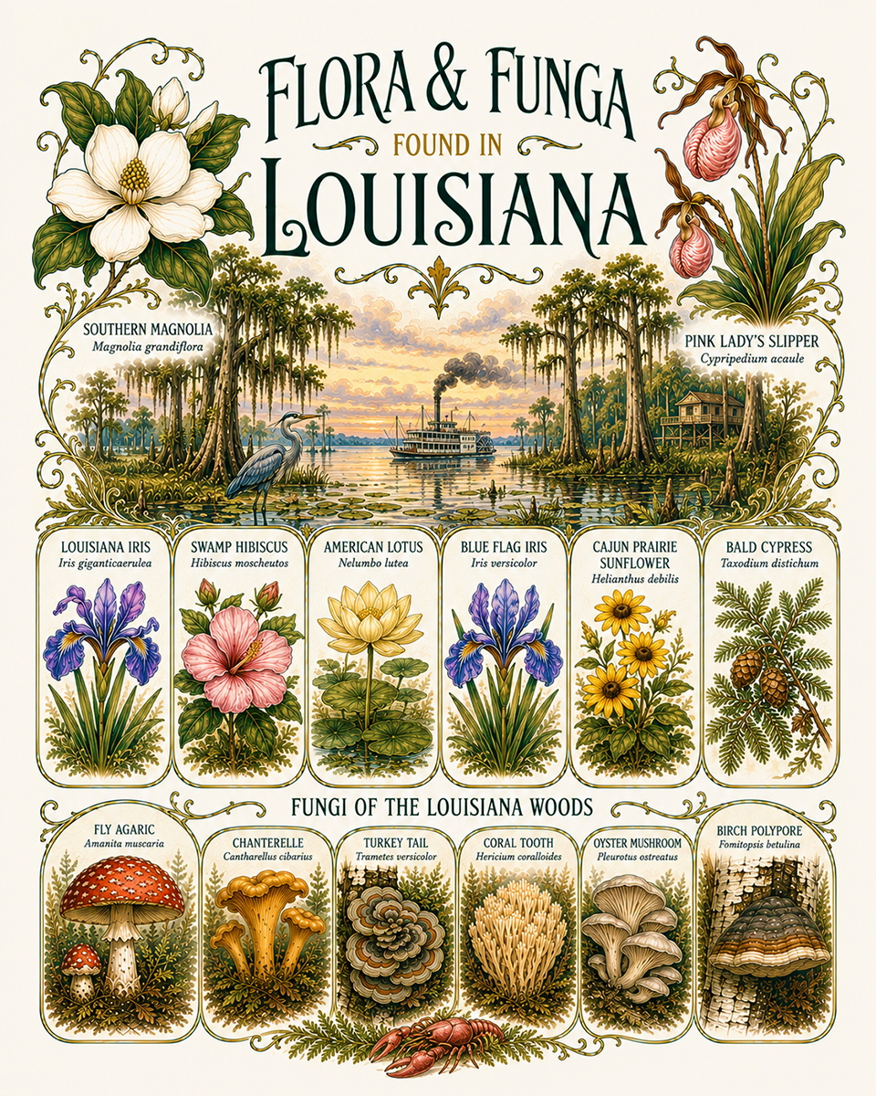 Art-Nouveau-Flora-&-Funga-Found-in-Louisiana-Botanical-Infographic-Matted-Print