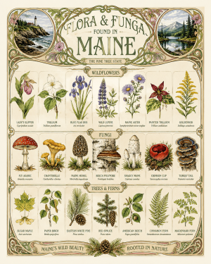 Art-Nouveau-Flora-&-Funga-Found-in-Maine-Botanical-Infographic-Matted-Print