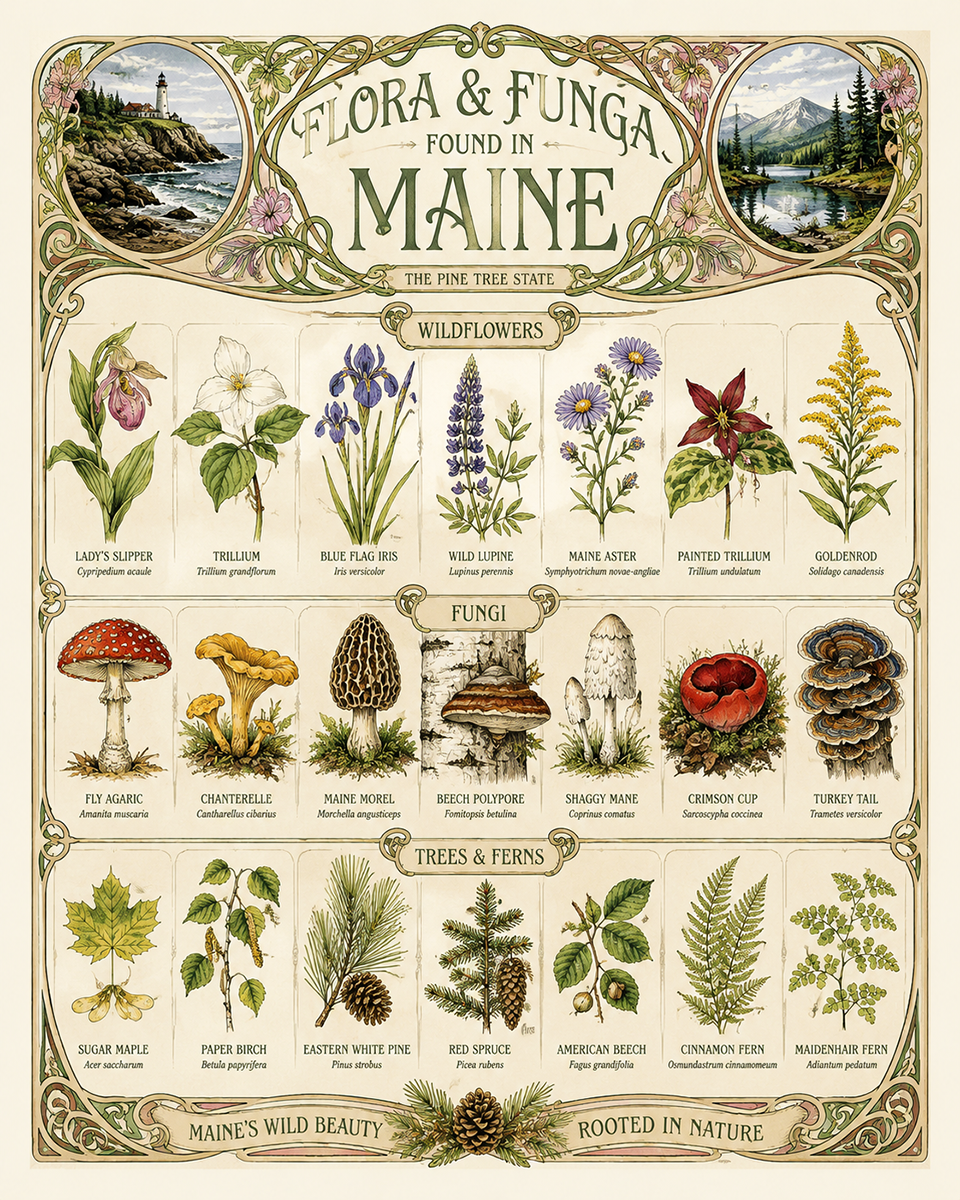 Art-Nouveau-Flora-&-Funga-Found-in-Maine-Botanical-Infographic-Matted-Print
