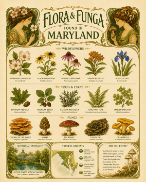 Art-Nouveau-Flora-&-Funga-Found-in-Maryland-Botanical-Infographic-Matted-Print