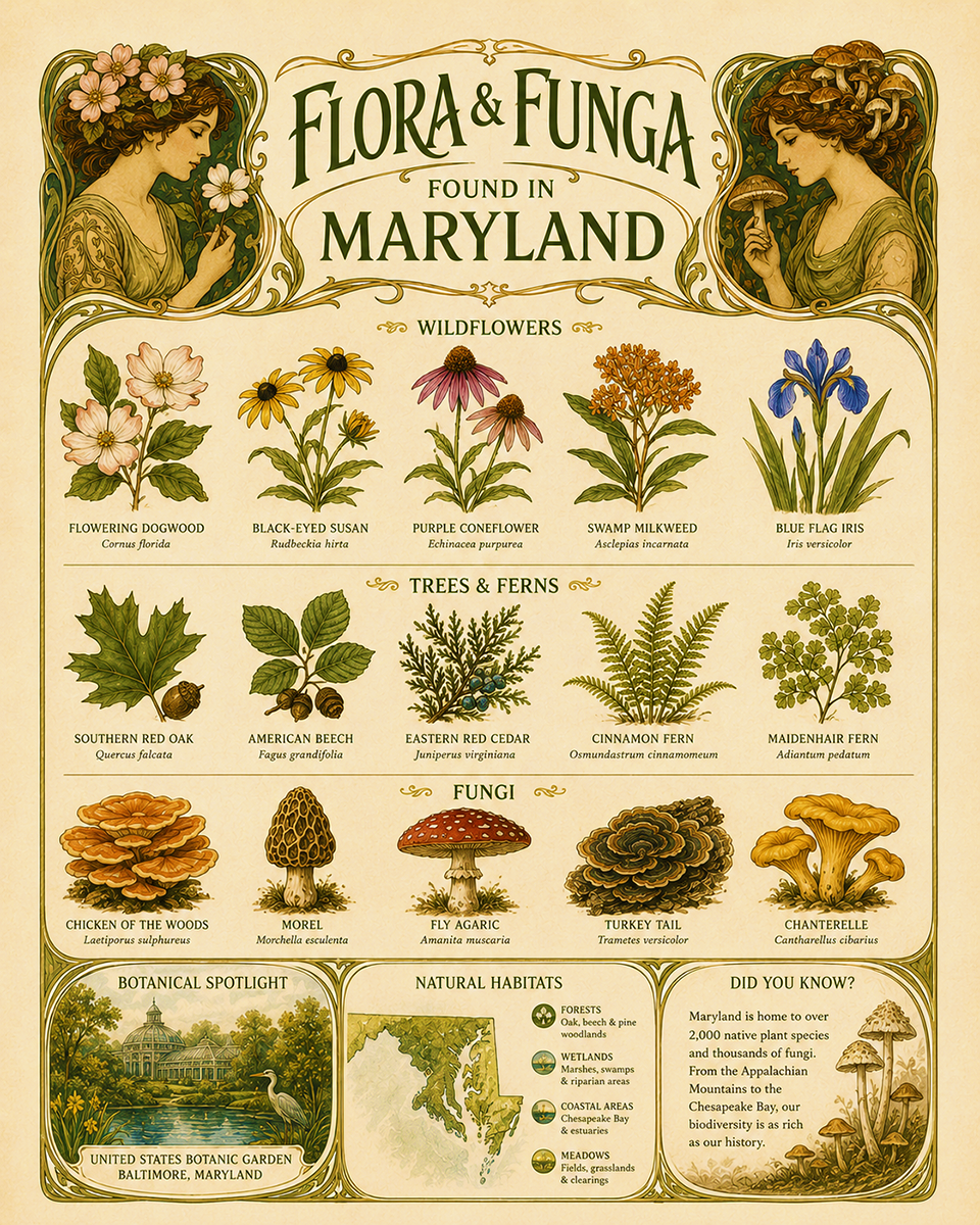 Art-Nouveau-Flora-&-Funga-Found-in-Maryland-Botanical-Infographic-Matted-Print
