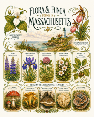 Art-Nouveau-Flora-&-Funga-Found-in-Massachusetts-Botanical-Infographic-Matted-Print