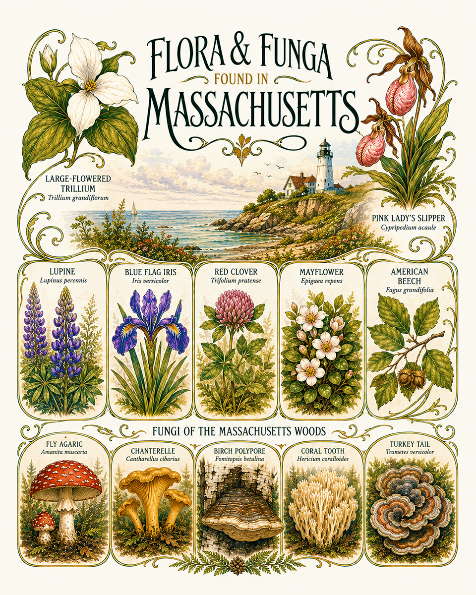Art-Nouveau-Flora-&-Funga-Found-in-Massachusetts-Botanical-Infographic-Matted-Print