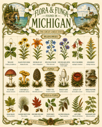 Art-Nouveau-Flora-&-Funga-Found-in-Michigan-Botanical-Infographic-Matted-Print