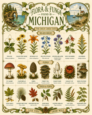 Art-Nouveau-Flora-&-Funga-Found-in-Michigan-Botanical-Infographic-Matted-Print