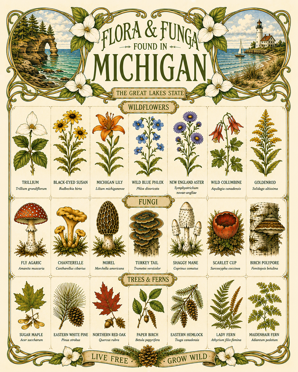 Art-Nouveau-Flora-&-Funga-Found-in-Michigan-Botanical-Infographic-Matted-Print