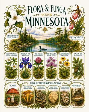 Art-Nouveau-Flora-&-Funga-Found-in-Minnesota-Botanical-Infographic-Matted-Print
