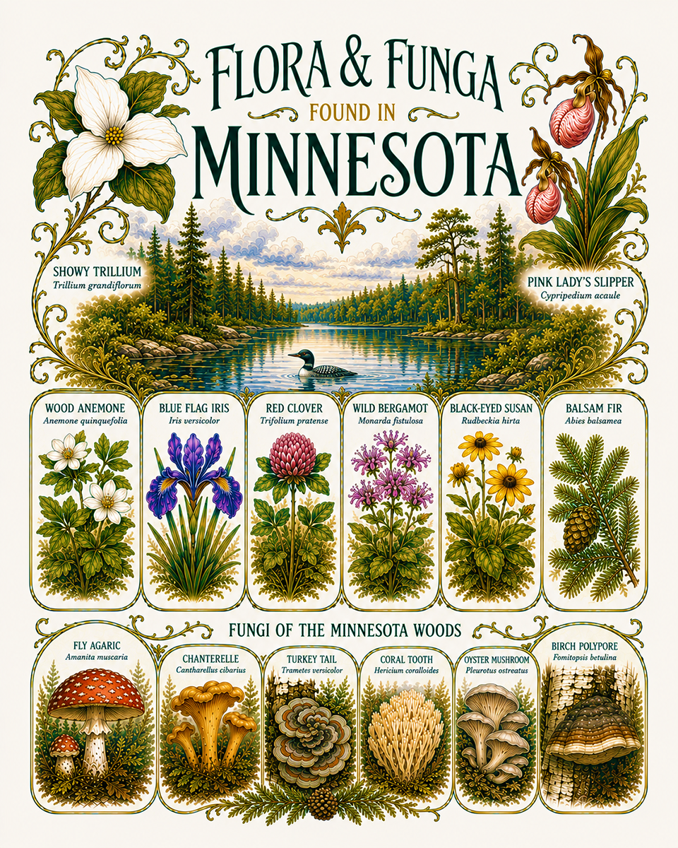 Art-Nouveau-Flora-&-Funga-Found-in-Minnesota-Botanical-Infographic-Matted-Print