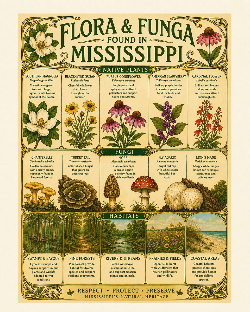 Art-Nouveau-Flora-&-Funga-Found-in-Mississippi-Botanical-Infographic-Matted-Print