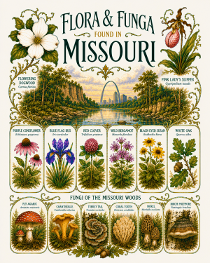Art-Nouveau-Flora-&-Funga-Found-in-Missouri-Botanical-Infographic-Matted-Print
