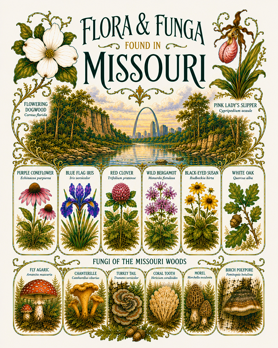 Art-Nouveau-Flora-&-Funga-Found-in-Missouri-Botanical-Infographic-Matted-Print