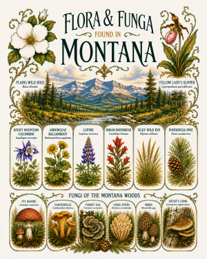 Art-Nouveau-Flora-&-Funga-Found-in-Montana-Botanical-Infographic-Matted-Print