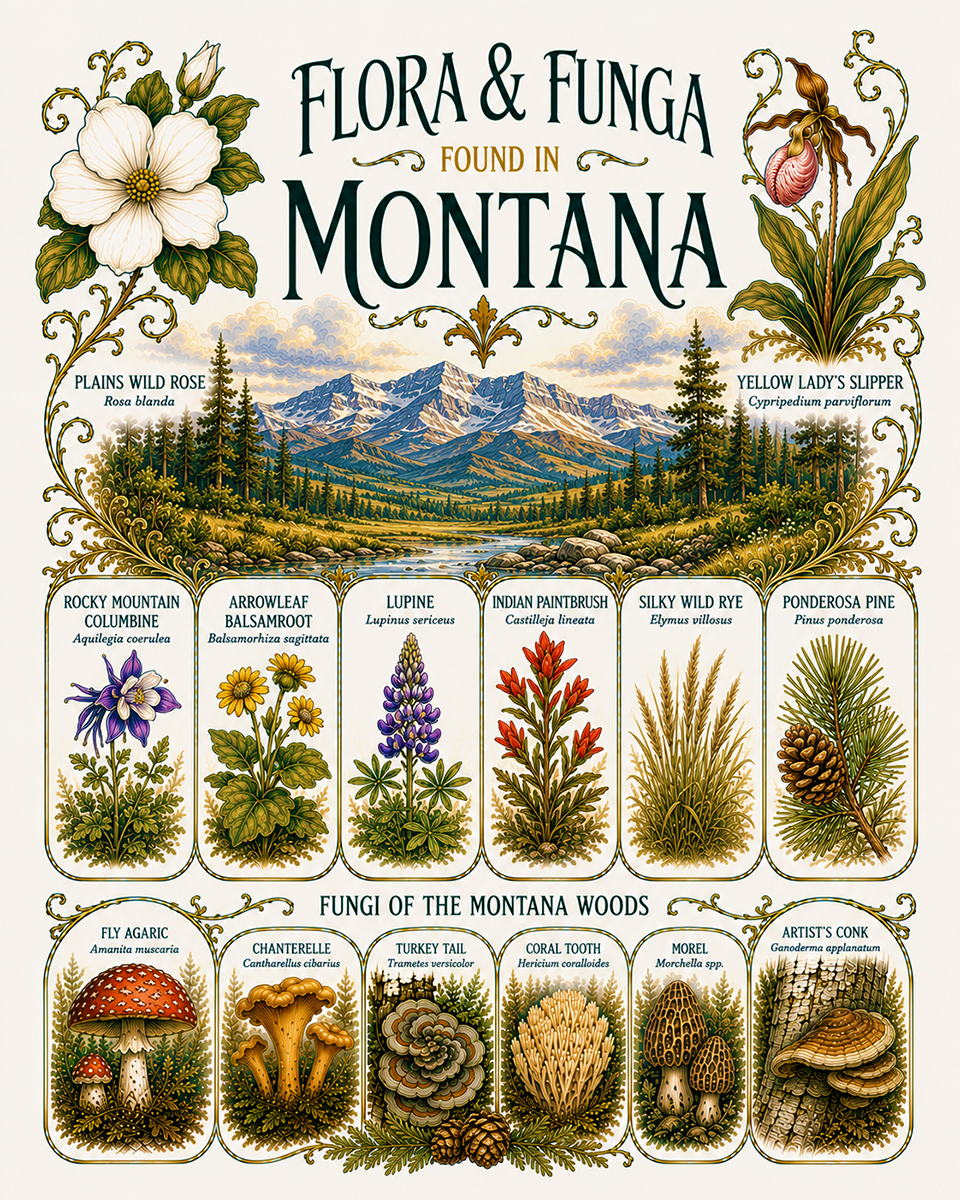 Art-Nouveau-Flora-&-Funga-Found-in-Montana-Botanical-Infographic-Matted-Print