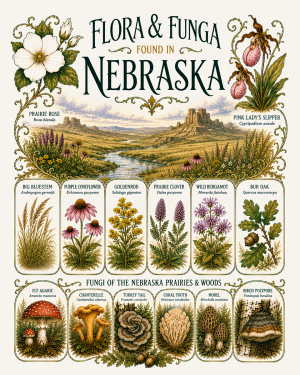 Art-Nouveau-Flora-&-Funga-Found-in-Nebraska-Botanical-Infographic-Matted-Print