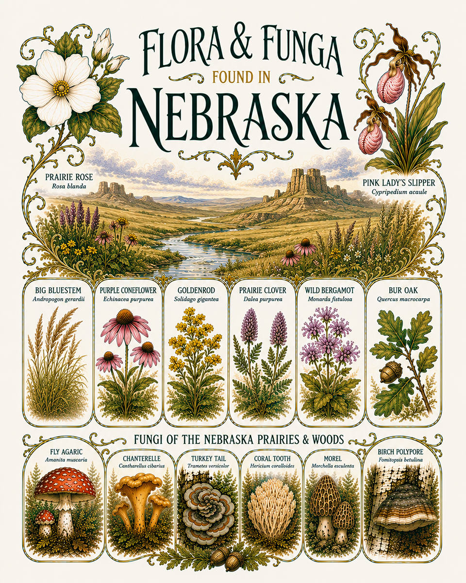 Art-Nouveau-Flora-&-Funga-Found-in-Nebraska-Botanical-Infographic-Matted-Print