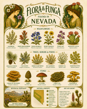 Art-Nouveau-Flora-&-Funga-Found-in-Nevada-Botanical-Infographic-Matted-Print
