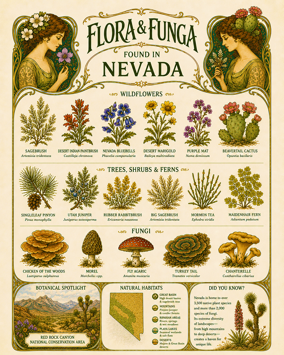 Art-Nouveau-Flora-&-Funga-Found-in-Nevada-Botanical-Infographic-Matted-Print