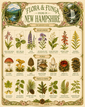 Art-Nouveau-Flora-&-Funga-Found-in-New-Hampshire-Botanical-Infographic-Matted-Print