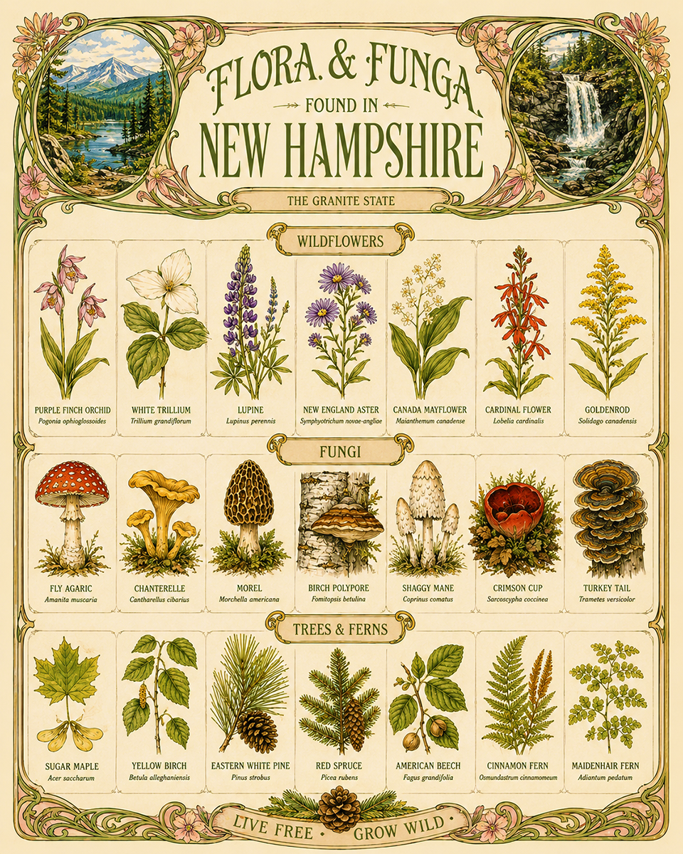 Art-Nouveau-Flora-&-Funga-Found-in-New-Hampshire-Botanical-Infographic-Matted-Print