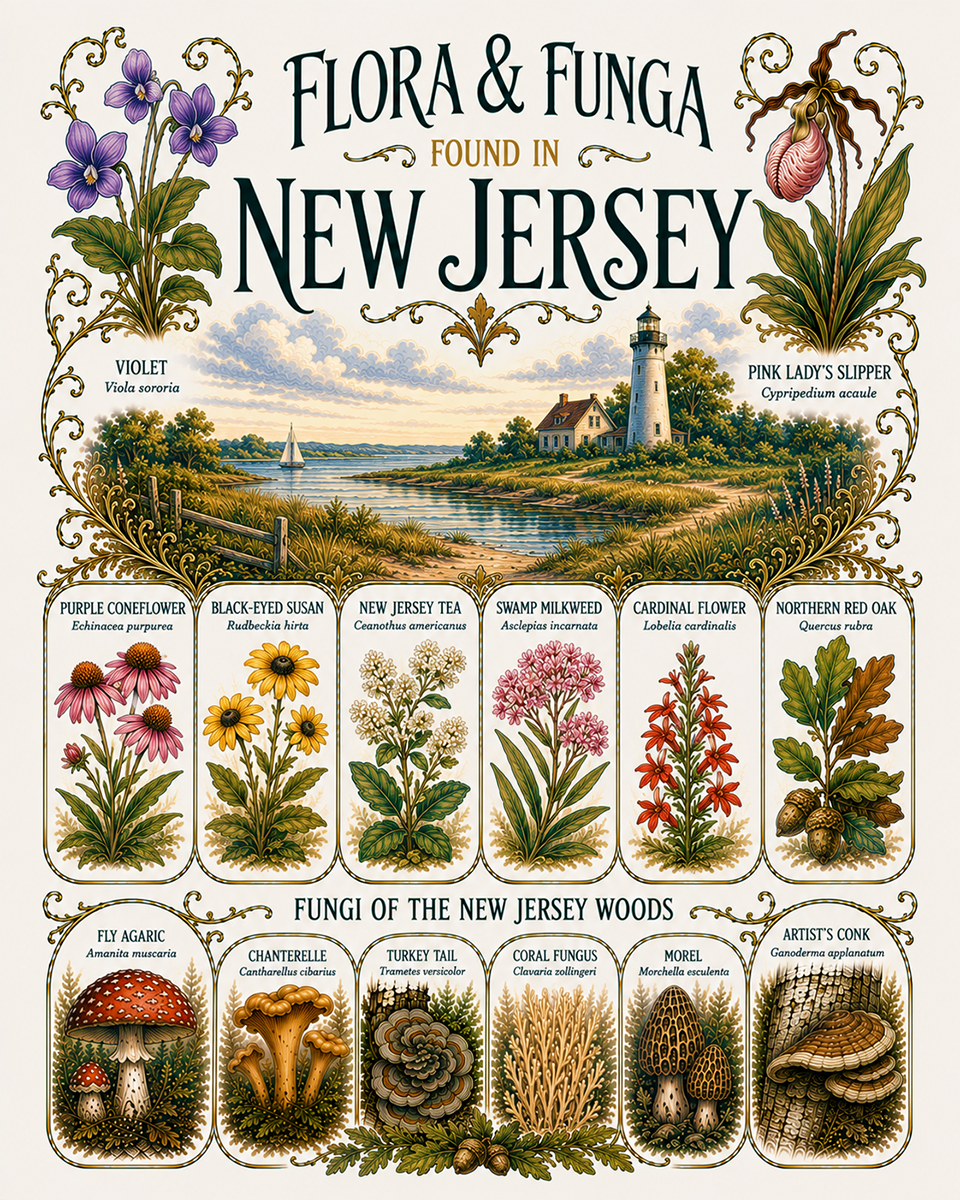 Art-Nouveau-Flora-&-Funga-Found-in-New-Jersey-Botanical-Infographic-Matted-Print