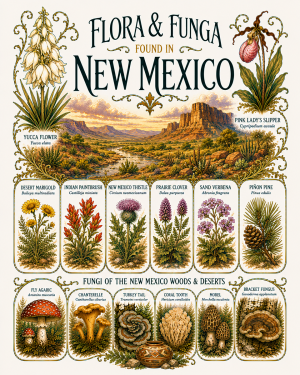 Art-Nouveau-Flora-&-Funga-Found-in-New-Mexico-Botanical-Infographic-Matted-Print