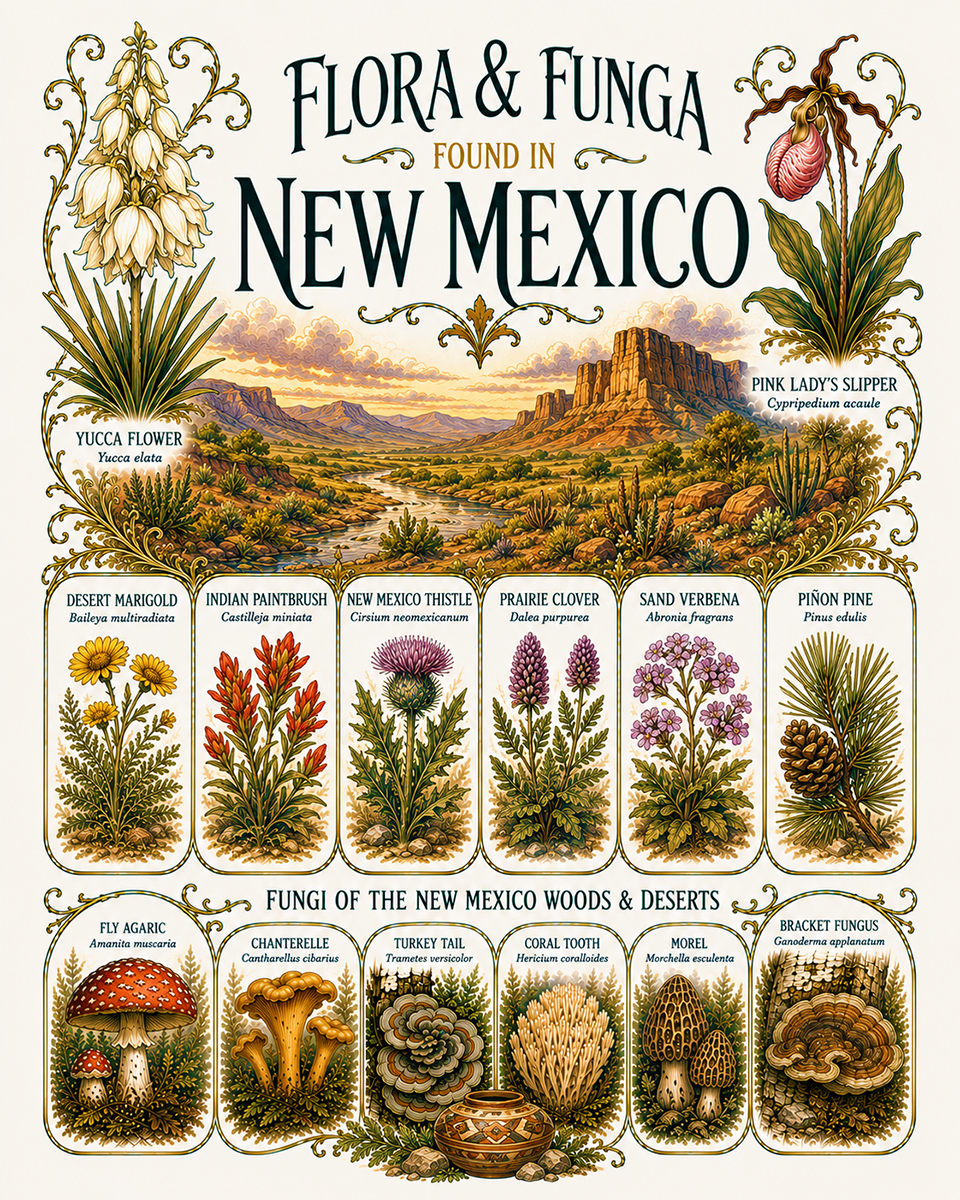 Art-Nouveau-Flora-&-Funga-Found-in-New-Mexico-Botanical-Infographic-Matted-Print