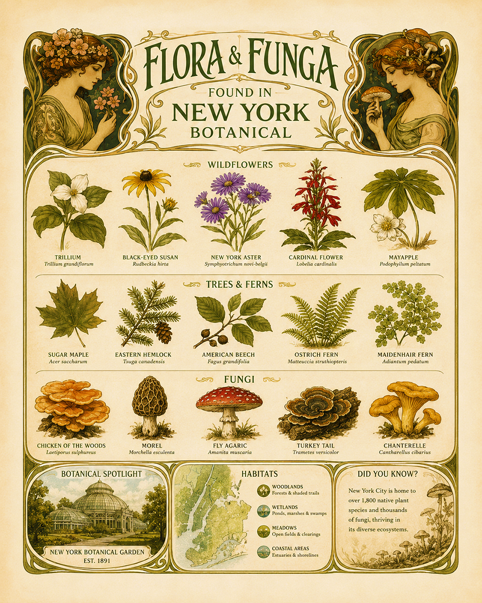 Art-Nouveau-Flora-&-Funga-Found-in-New-York-Botanical-Infographic-Matted-Print