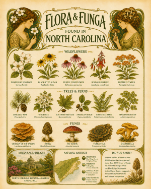 Art-Nouveau-Flora-&-Funga-Found-in-North-Carolina-Botanical-Infographic-Matted-Print