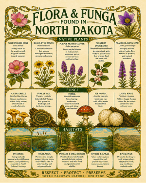 Art-Nouveau-Flora-&-Funga-Found-in-North-Dakota-Botanical-Infographic-Matted-Print