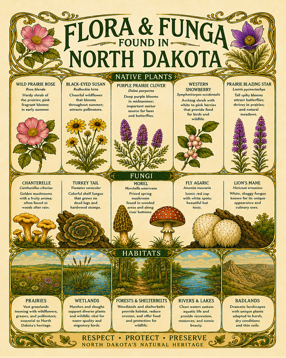 Art-Nouveau-Flora-&-Funga-Found-in-North-Dakota-Botanical-Infographic-Matted-Print