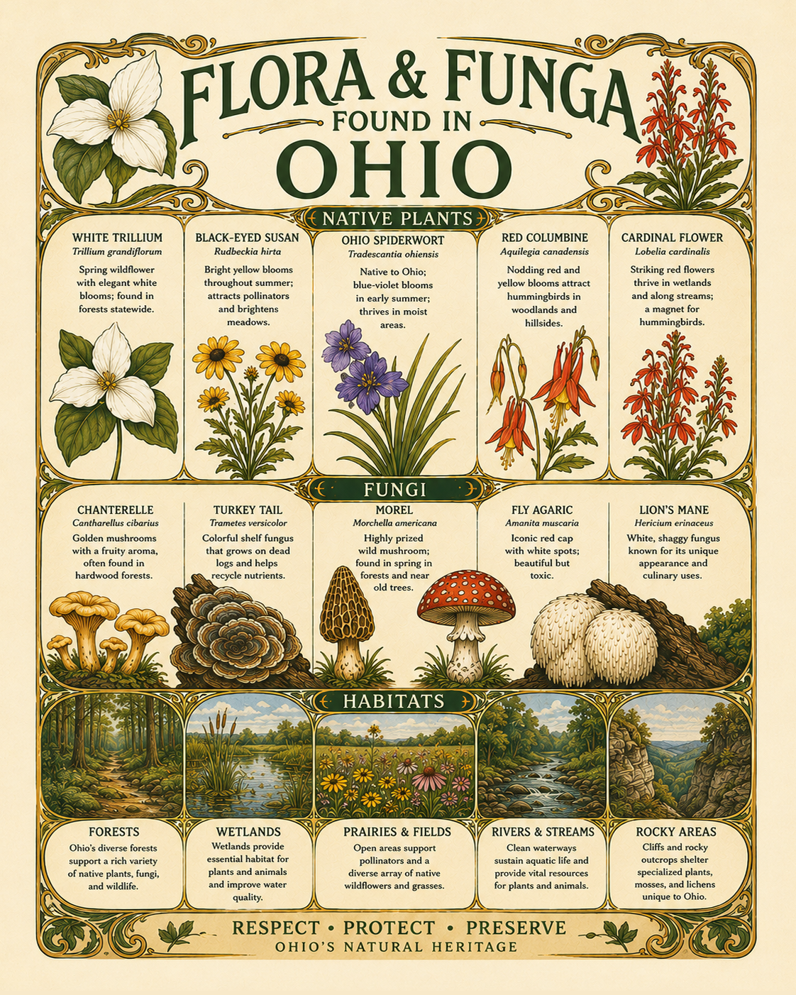 Art-Nouveau-Flora-&-Funga-Found-in-Ohio-Botanical-Infographic-Matted-Print