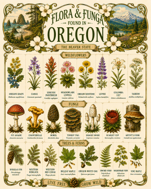 Art-Nouveau-Flora-&-Funga-Found-in-Oregon-Botanical-Infographic-Matted-Print