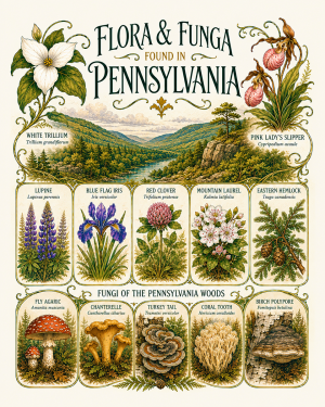 Art-Nouveau-Flora-&-Funga-Found-in-Pennsylvania-Botanical-Infographic-Matted-Print
