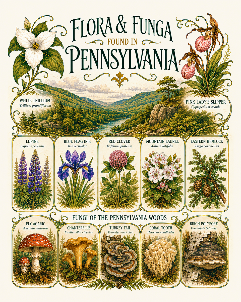 Art-Nouveau-Flora-&-Funga-Found-in-Pennsylvania-Botanical-Infographic-Matted-Print