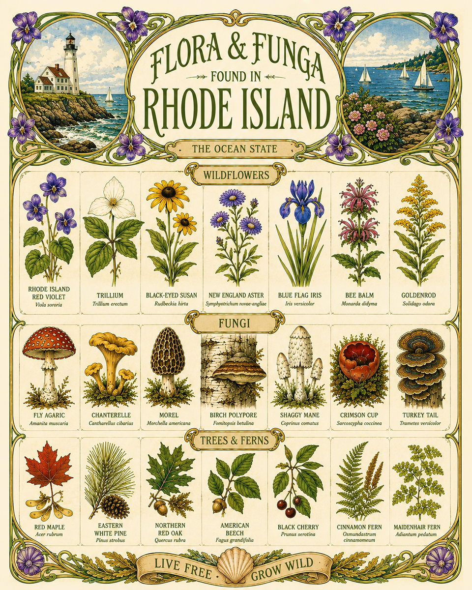 Art-Nouveau-Flora-&-Funga-Found-in-Rhode-Island-Botanical-Infographic-Matted-Print