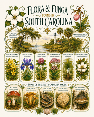 Art-Nouveau-Flora-&-Funga-Found-in-South-Carolina-Botanical-Infographic-Matted-Print