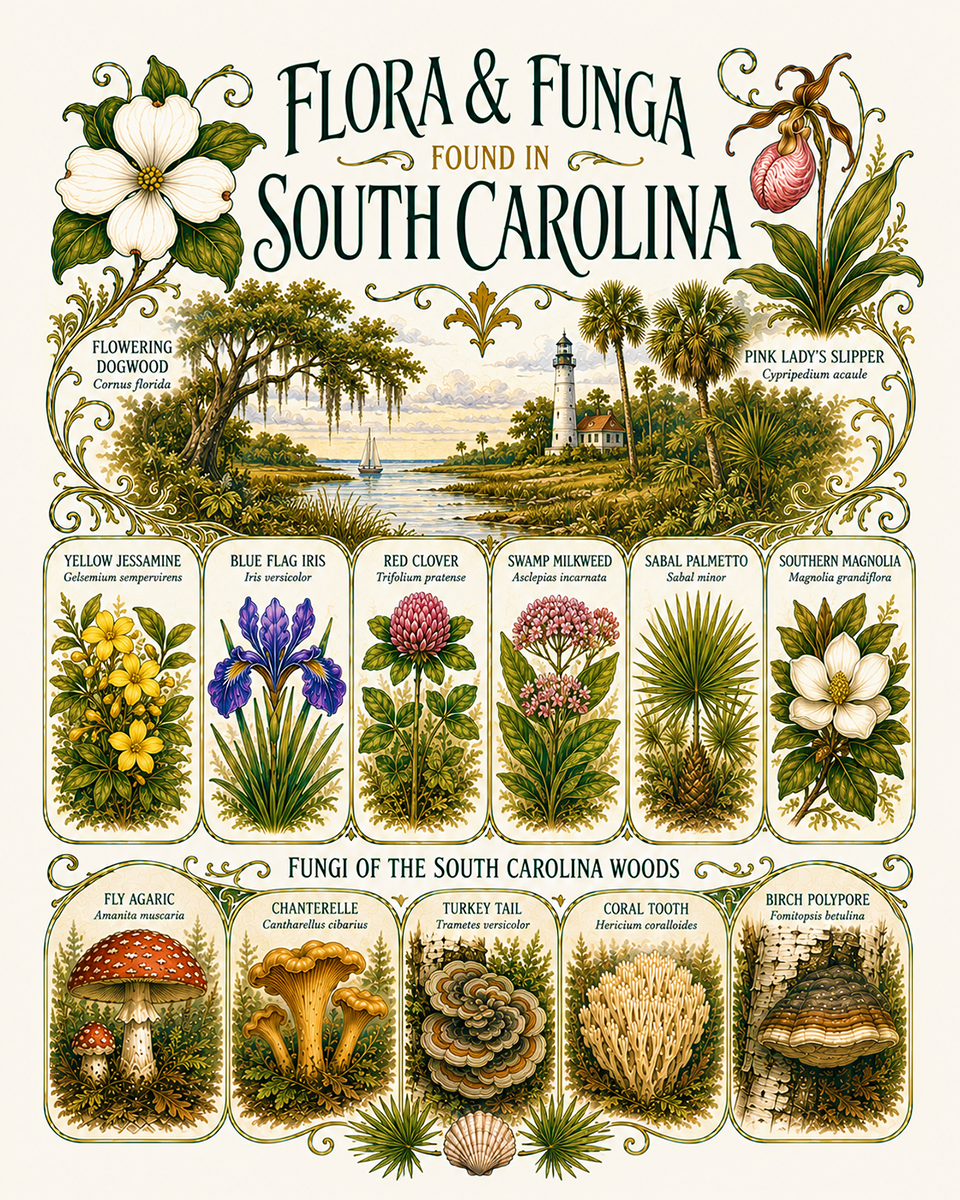 Art-Nouveau-Flora-&-Funga-Found-in-South-Carolina-Botanical-Infographic-Matted-Print
