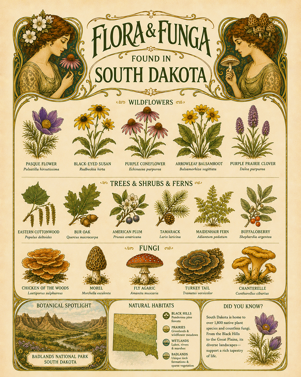 Art-Nouveau-Flora-&-Funga-Found-in-South-Dakota-Botanical-Infographic-Matted-Print