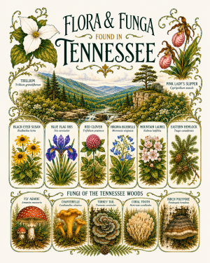 Art-Nouveau-Flora-&-Funga-Found-in-Tennessee-Botanical-Infographic-Matted-Print
