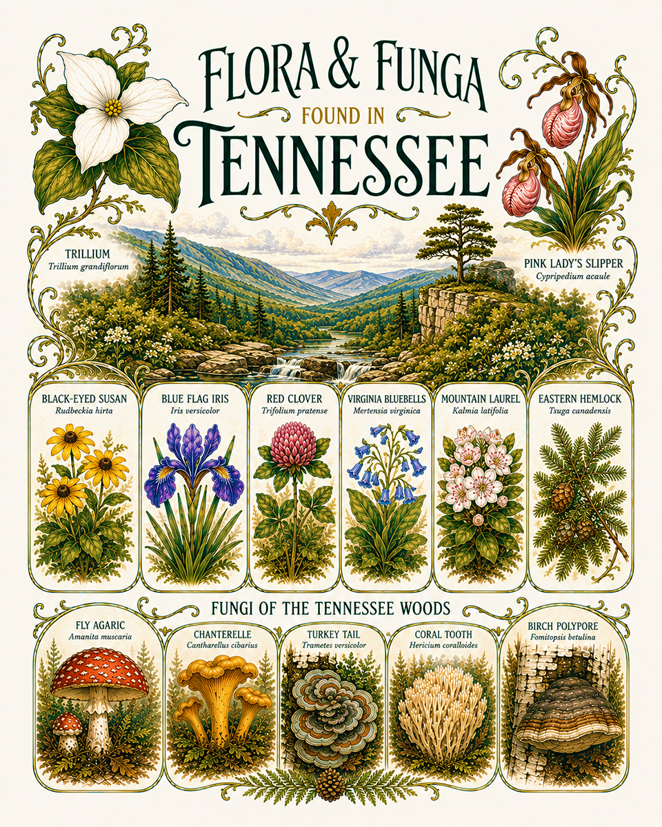 Art-Nouveau-Flora-&-Funga-Found-in-Tennessee-Botanical-Infographic-Matted-Print
