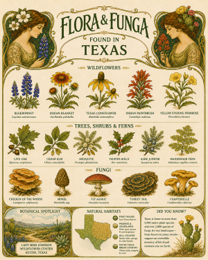 Art-Nouveau-Flora-&-Funga-Found-in-Texas-Botanical-Infographic-Matted-Print