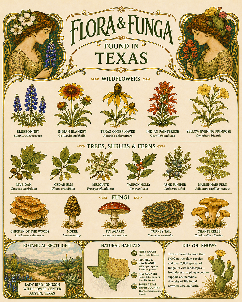 Art-Nouveau-Flora-&-Funga-Found-in-Texas-Botanical-Infographic-Matted-Print