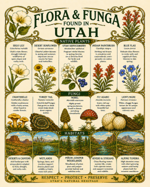 Art-Nouveau-Flora-&-Funga-Found-in-Utah-Botanical-Infographic-Matted-Print