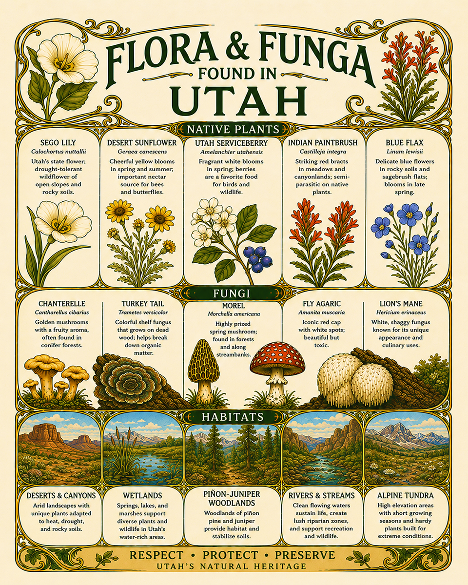 Art-Nouveau-Flora-&-Funga-Found-in-Utah-Botanical-Infographic-Matted-Print