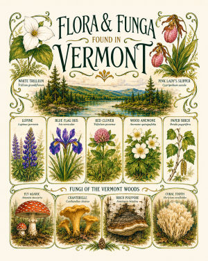 Art-Nouveau-Flora-&-Funga-Found-in-Vermont-Botanical-Infographic-Matted-Print