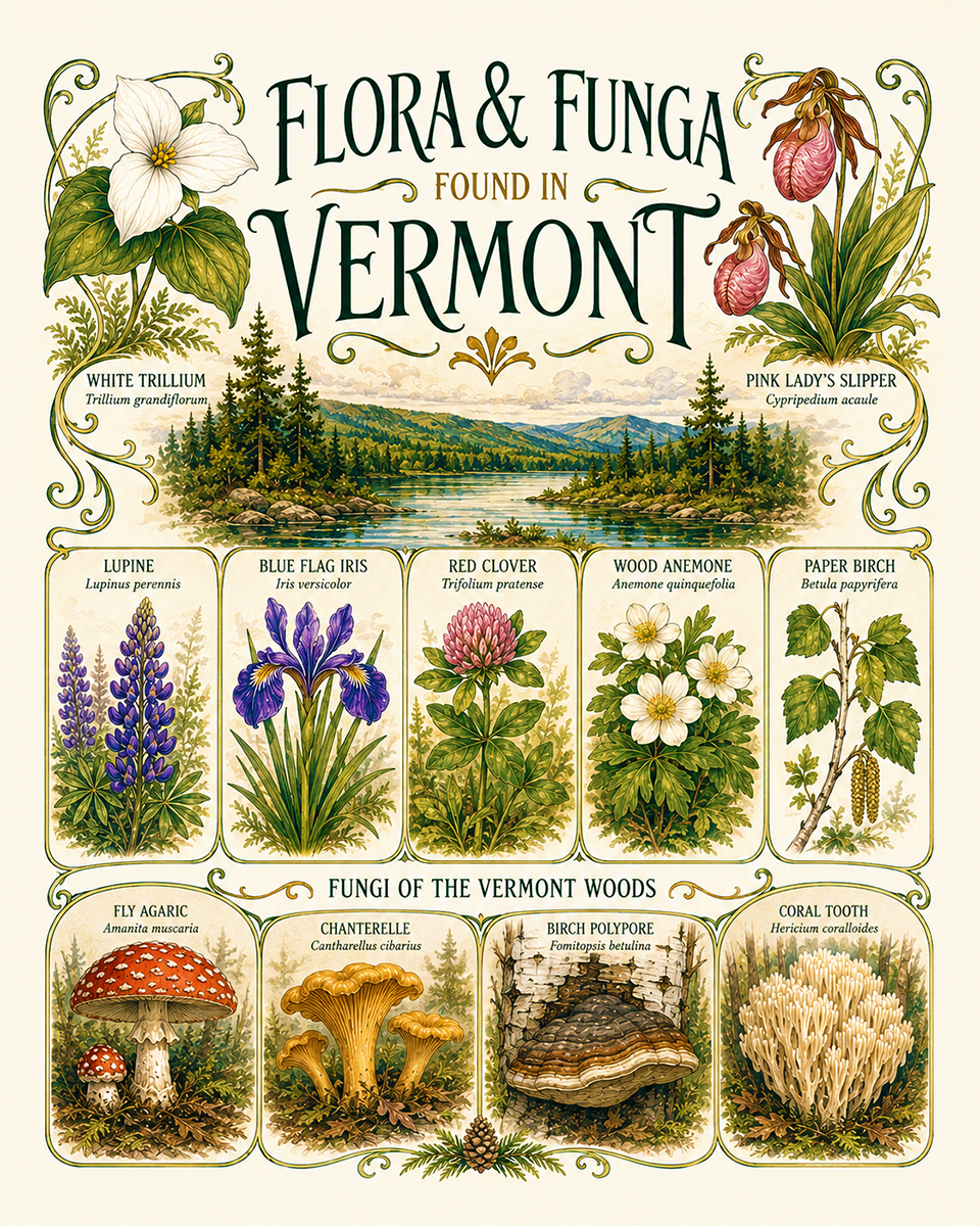 Art-Nouveau-Flora-&-Funga-Found-in-Vermont-Botanical-Infographic-Matted-Print