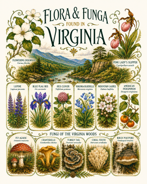 Art-Nouveau-Flora-&-Funga-Found-in-Virginia-Botanical-Infographic-Matted-Print